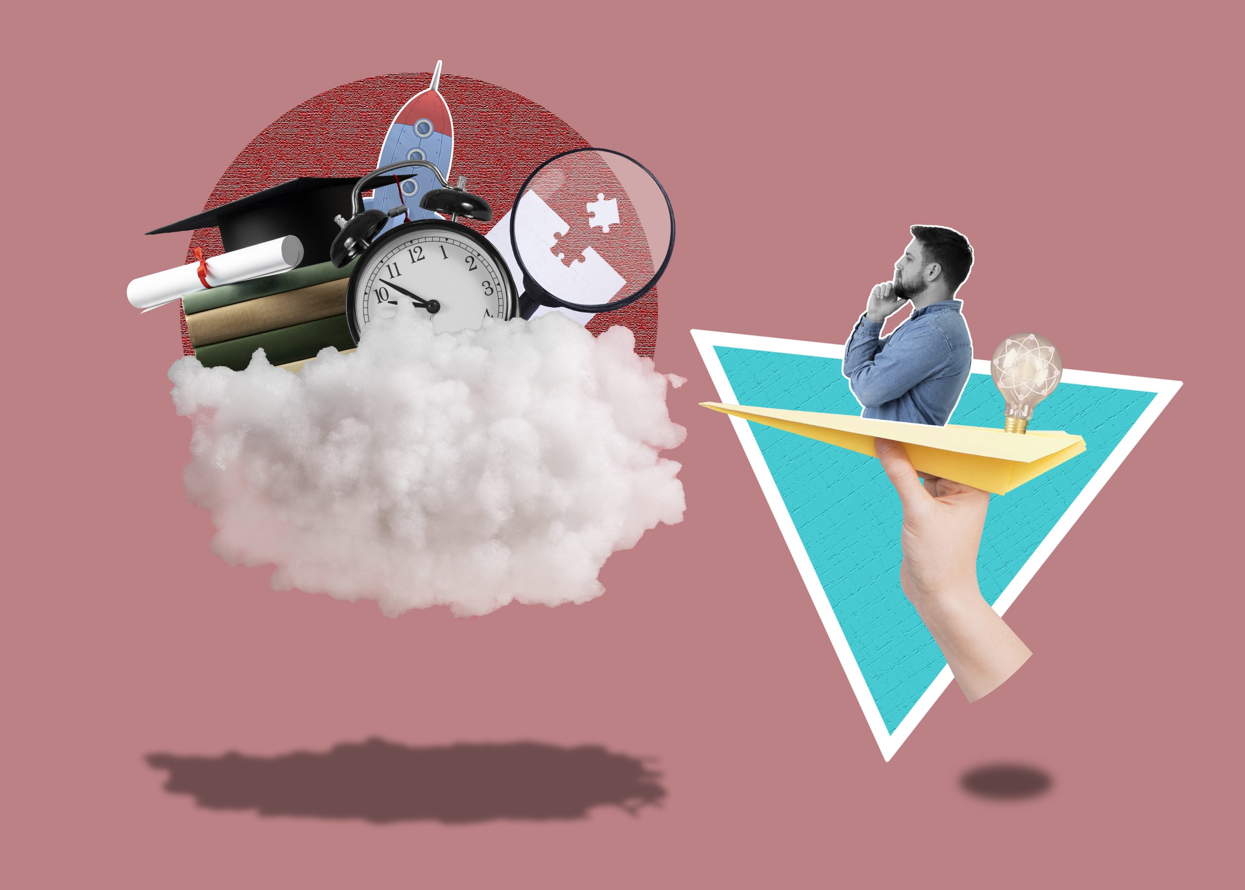 Collage di persona su aeroplano di carta che va verso una nuvola che trasporta vari oggetti