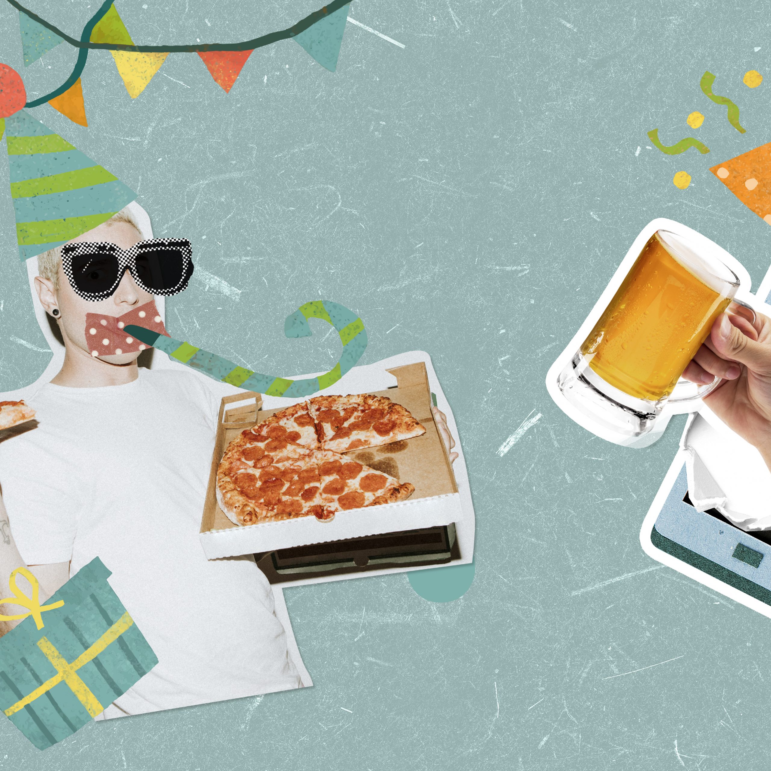 Collage di persona che festeggia mangiando una pizza